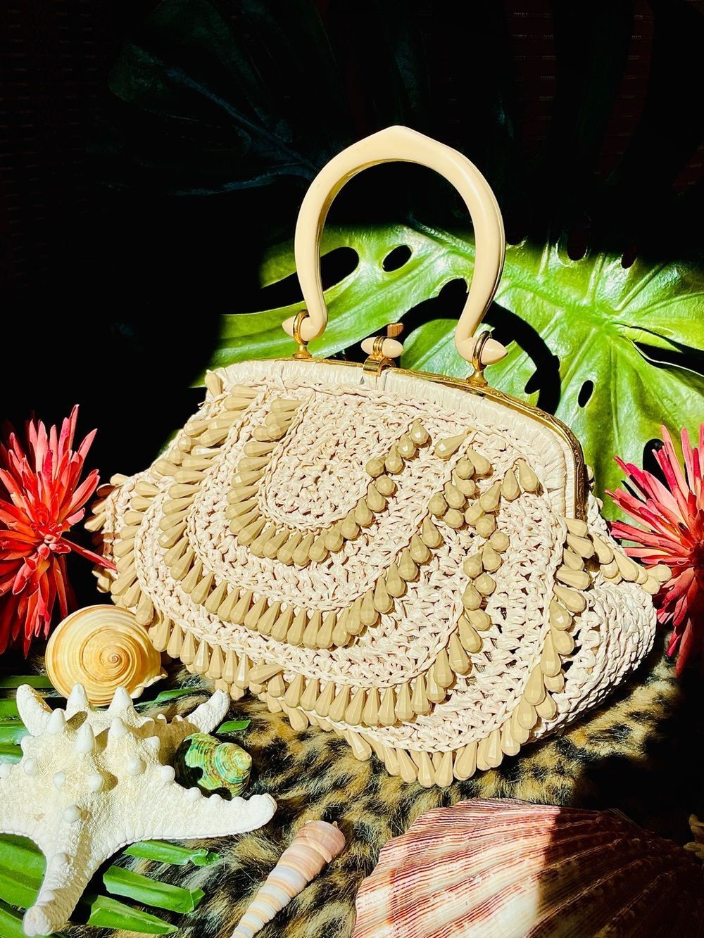 ♥️ Vintage 1960s Tan Straw Beaded Box Shaped Handbag Purse With Top Handle Italy - Picture 16 of 16